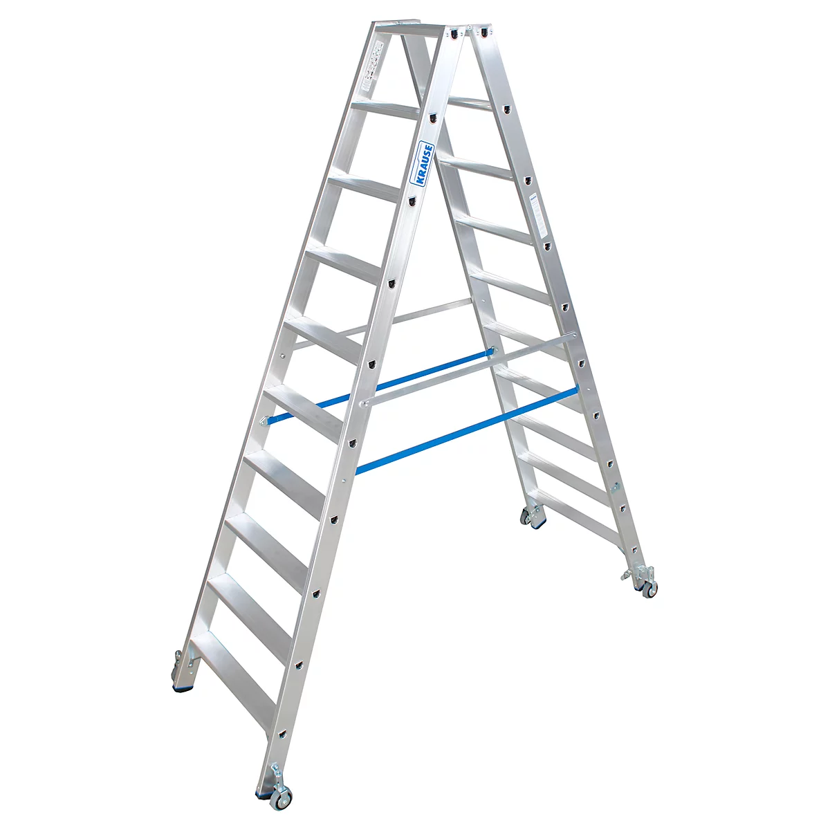 Aluminium-Doppelleiter, blau-grau, Räder, Aufschrift 'KRAUSE'.