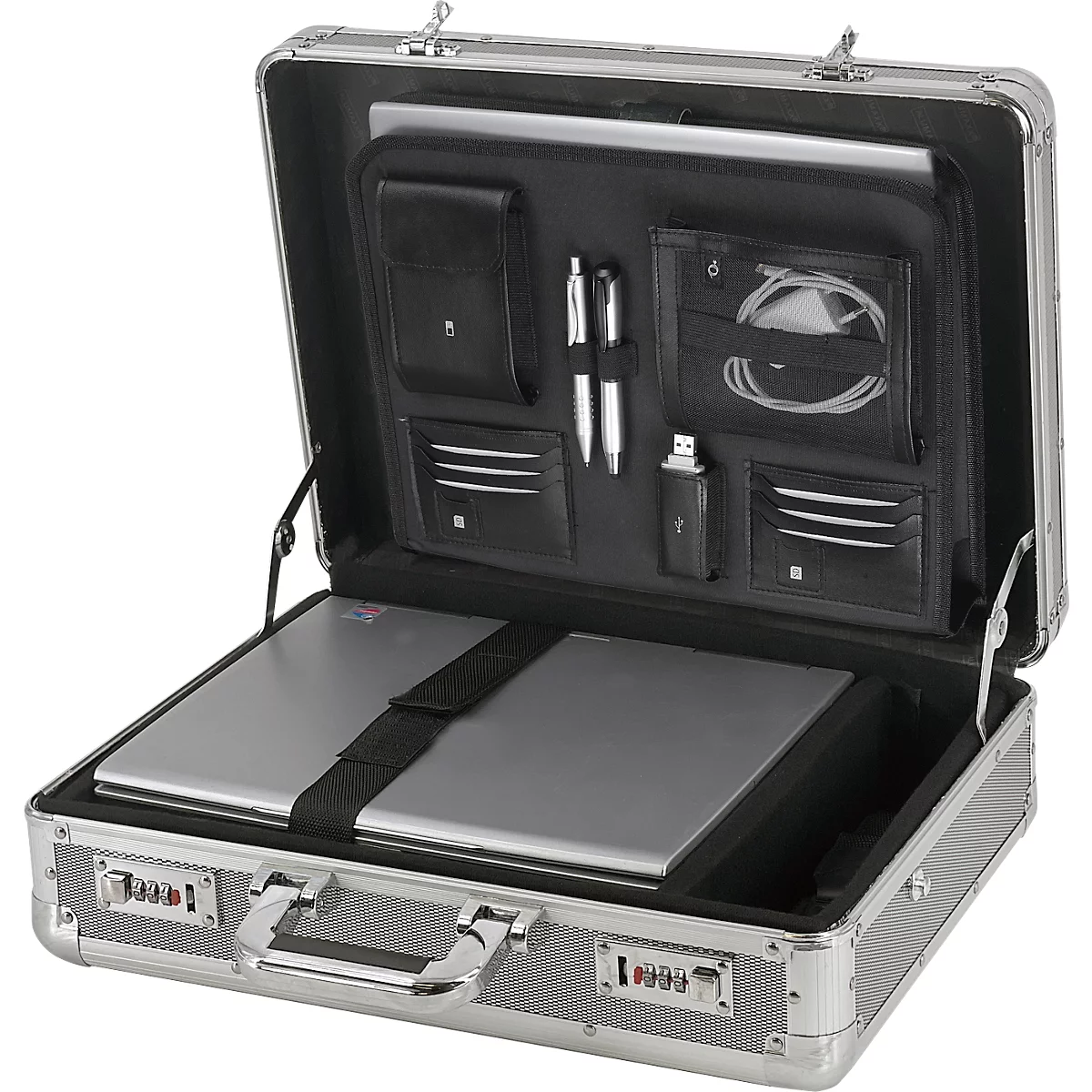 An open, silver briefcase with a laptop, pens, USB stick and headphones.
