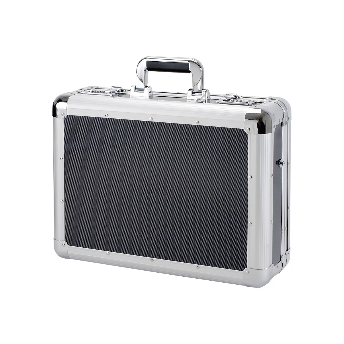 Aluminum case with silver corners and handle. The front is black patterned.