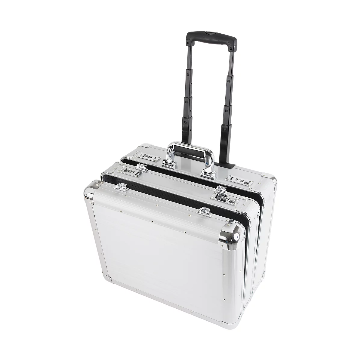 Silver trolley suitcase with extendable handle and combination locks.