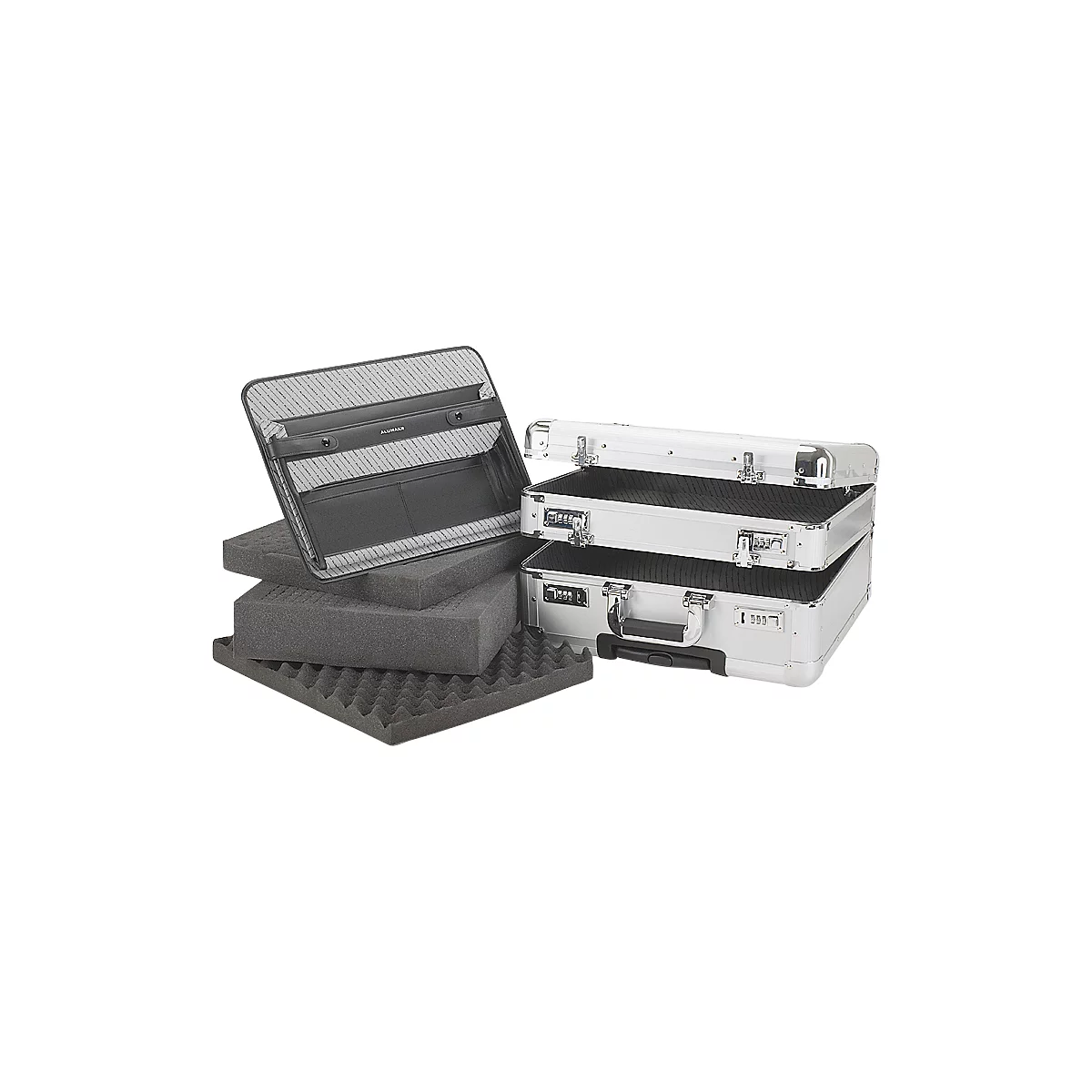 Silver briefcases, open and side by side. Foam inserts for secure storage.