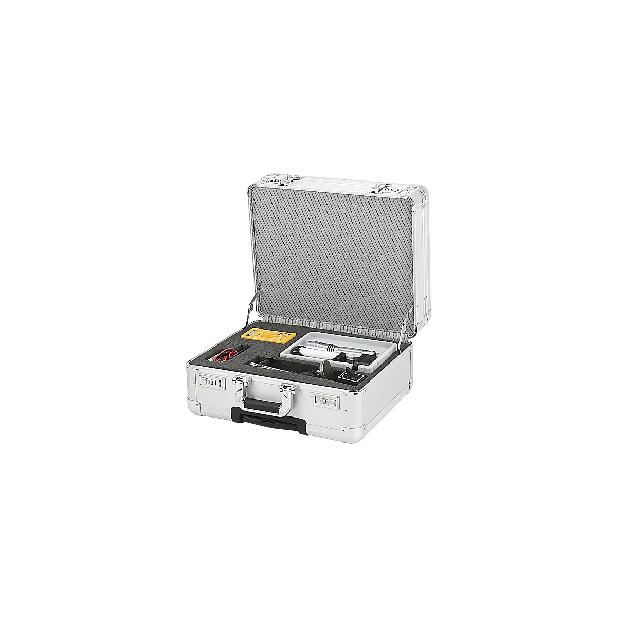 Open silver tool case with measuring instruments, cables, and other accessories.