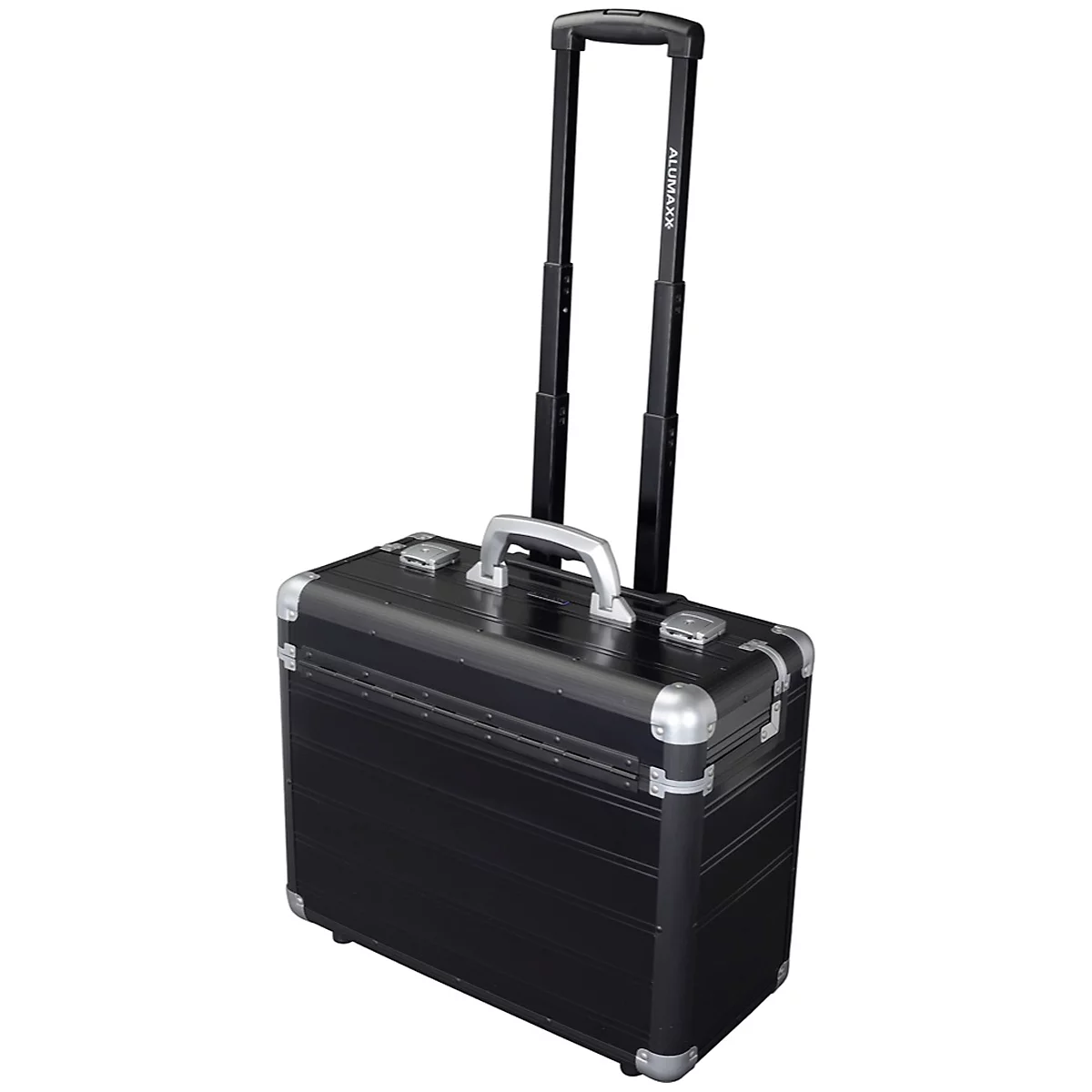 Black aluminum tool case with retractable handle and wheels. The case is slightly angled from the front.