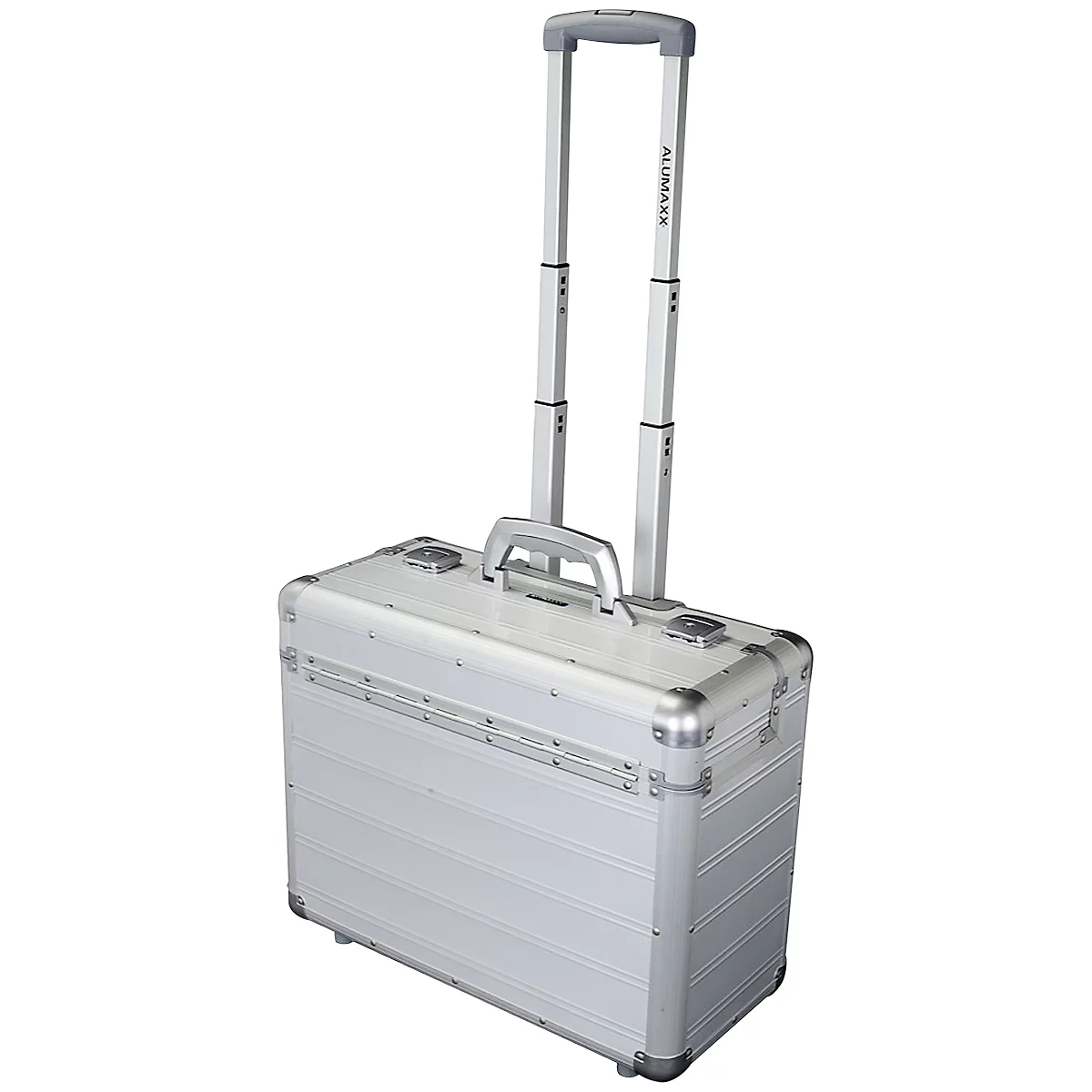 Silver trolley case, handle extended.