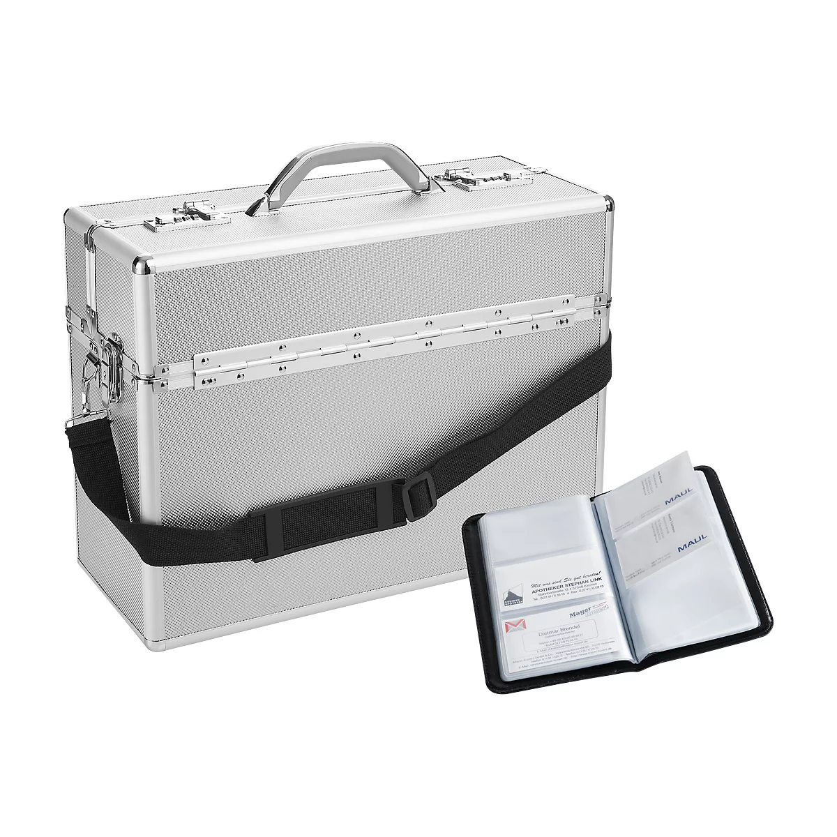 Silver briefcase with black strap and business card case. Handle and closures with a metallic sheen.