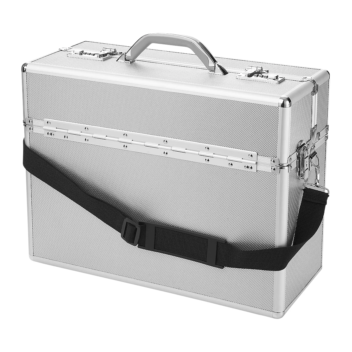 Silver makeup case with handle, buckles, and black shoulder strap.