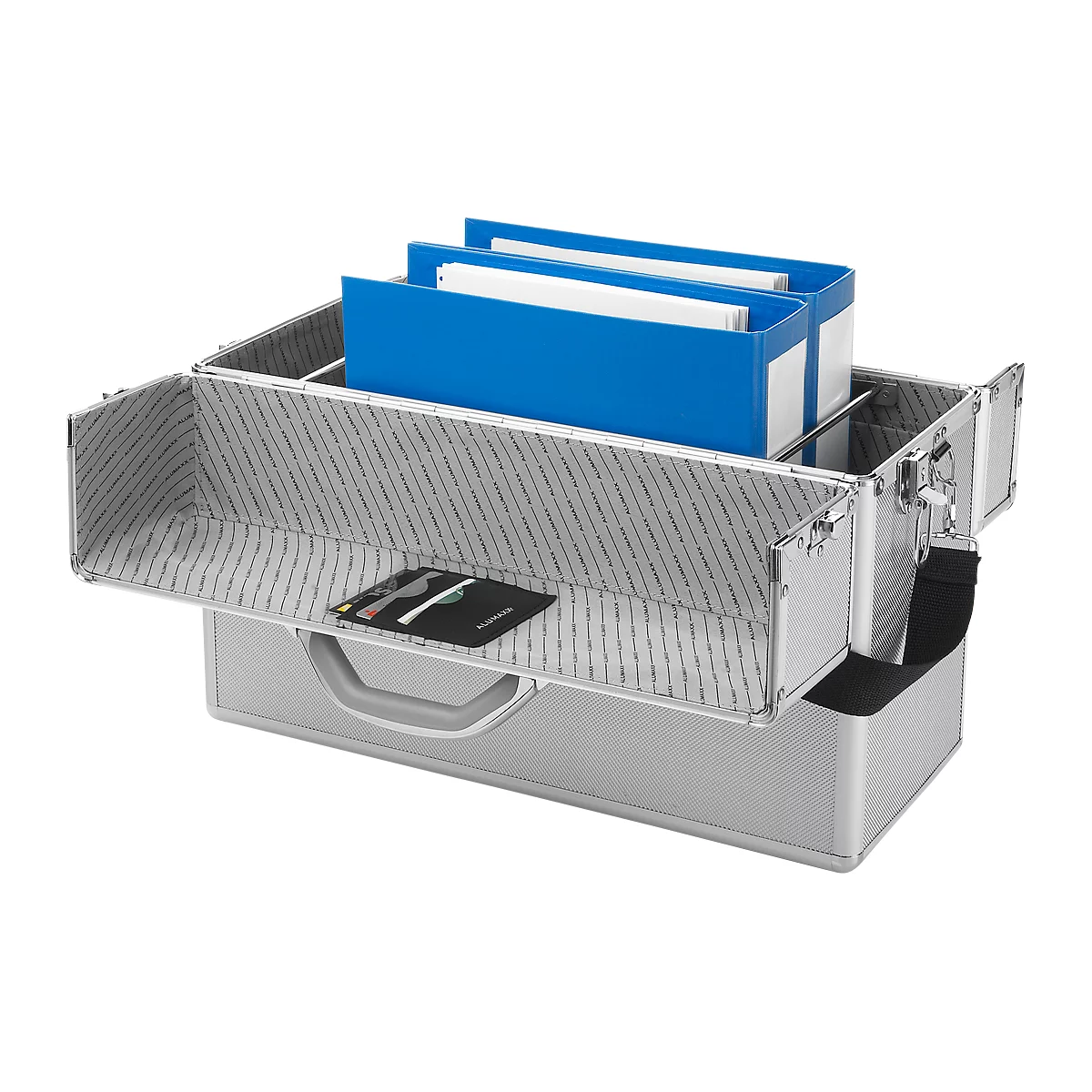 Silver briefcase with blue folders, open. A black card is inside.