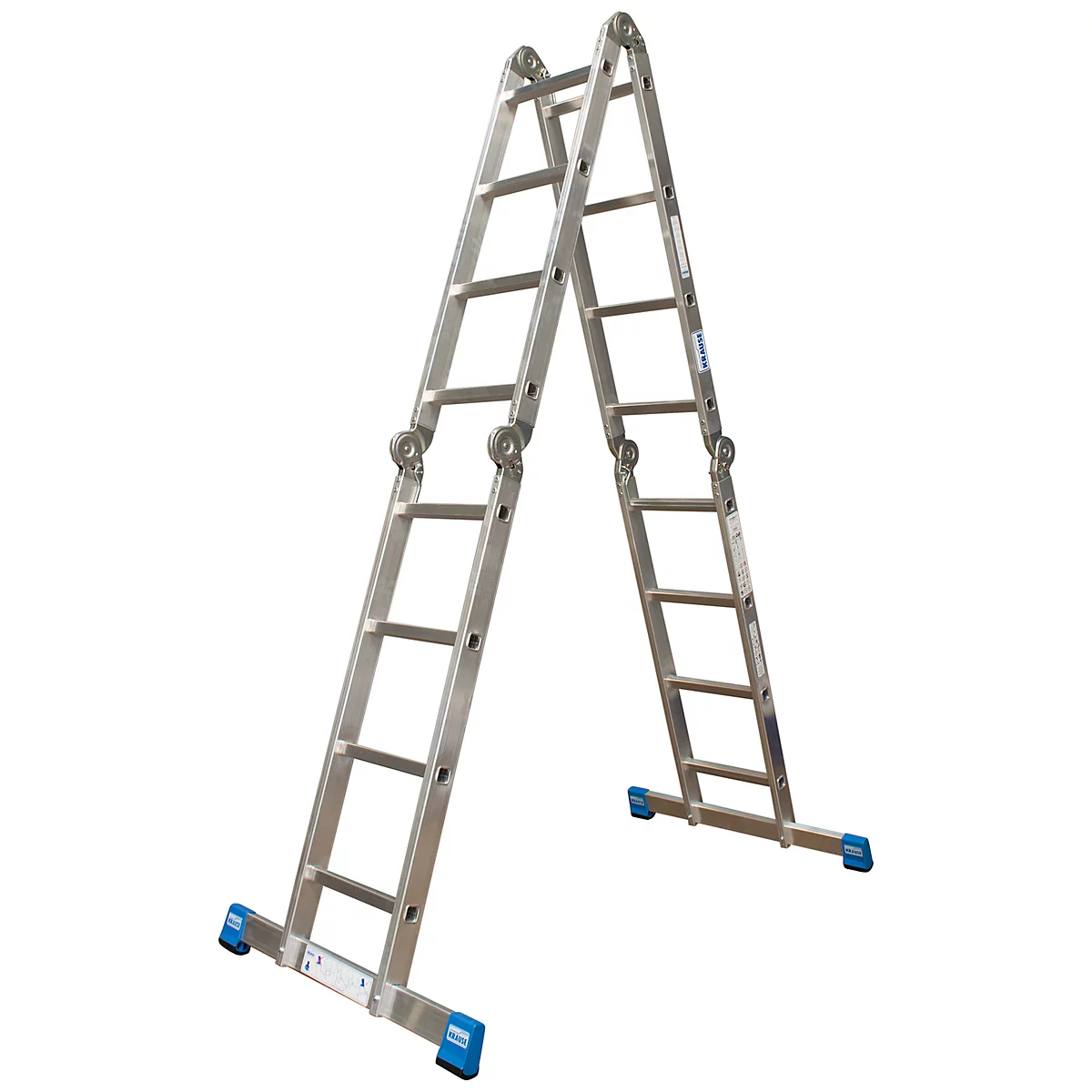 An A-frame aluminum ladder with blue feet. The ladder stands on a white background.