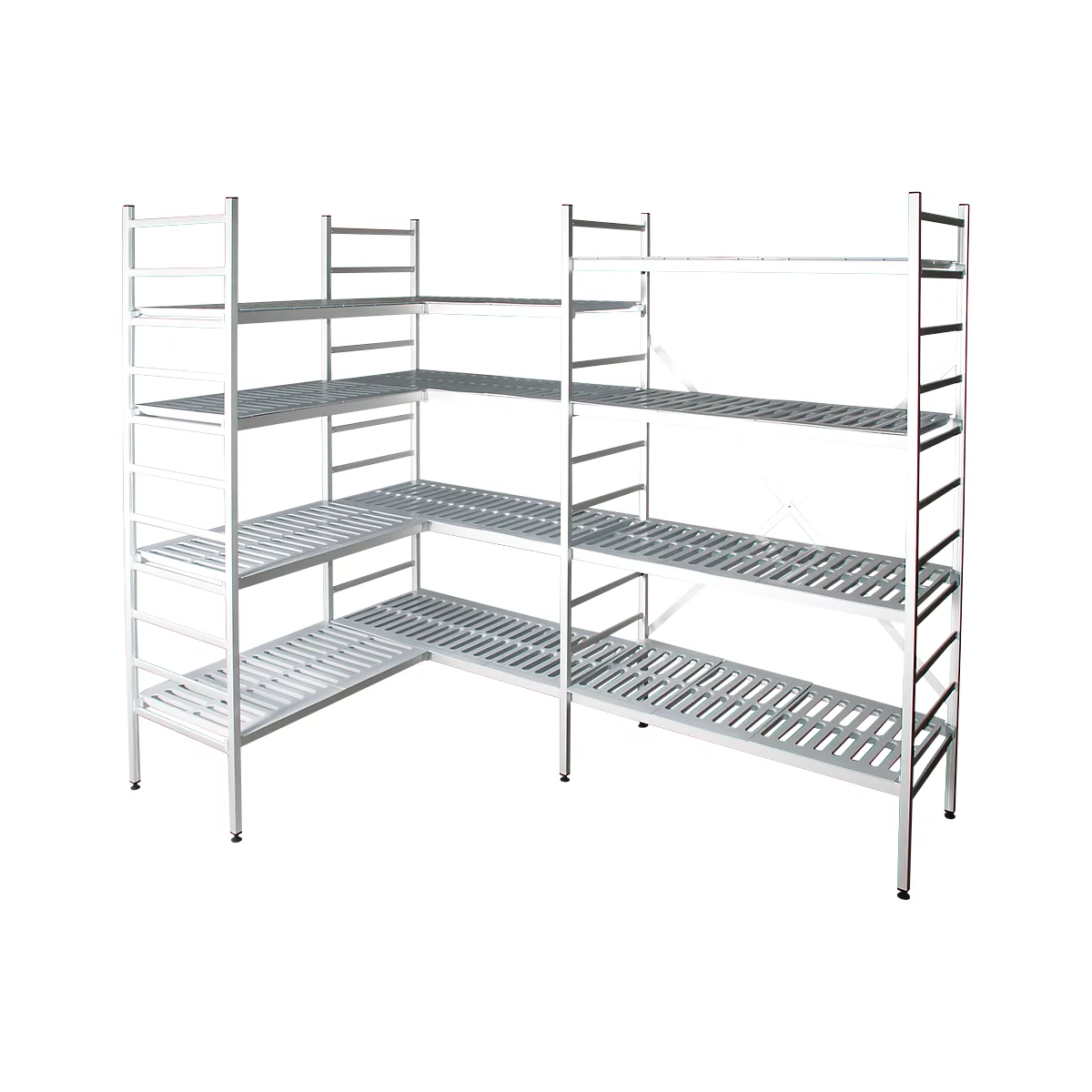 A multi-part, white corner shelf with multiple shelves. The shelves are perforated.