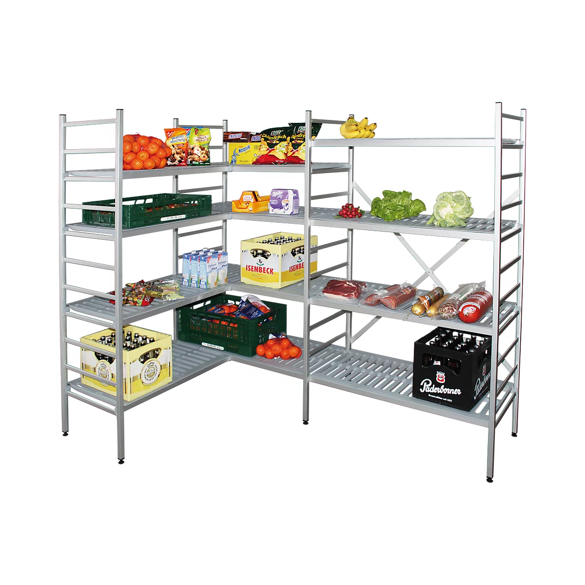 A silver shelving system filled with groceries including fruits, vegetables, drinks, and packaged goods. Ideal for storage.