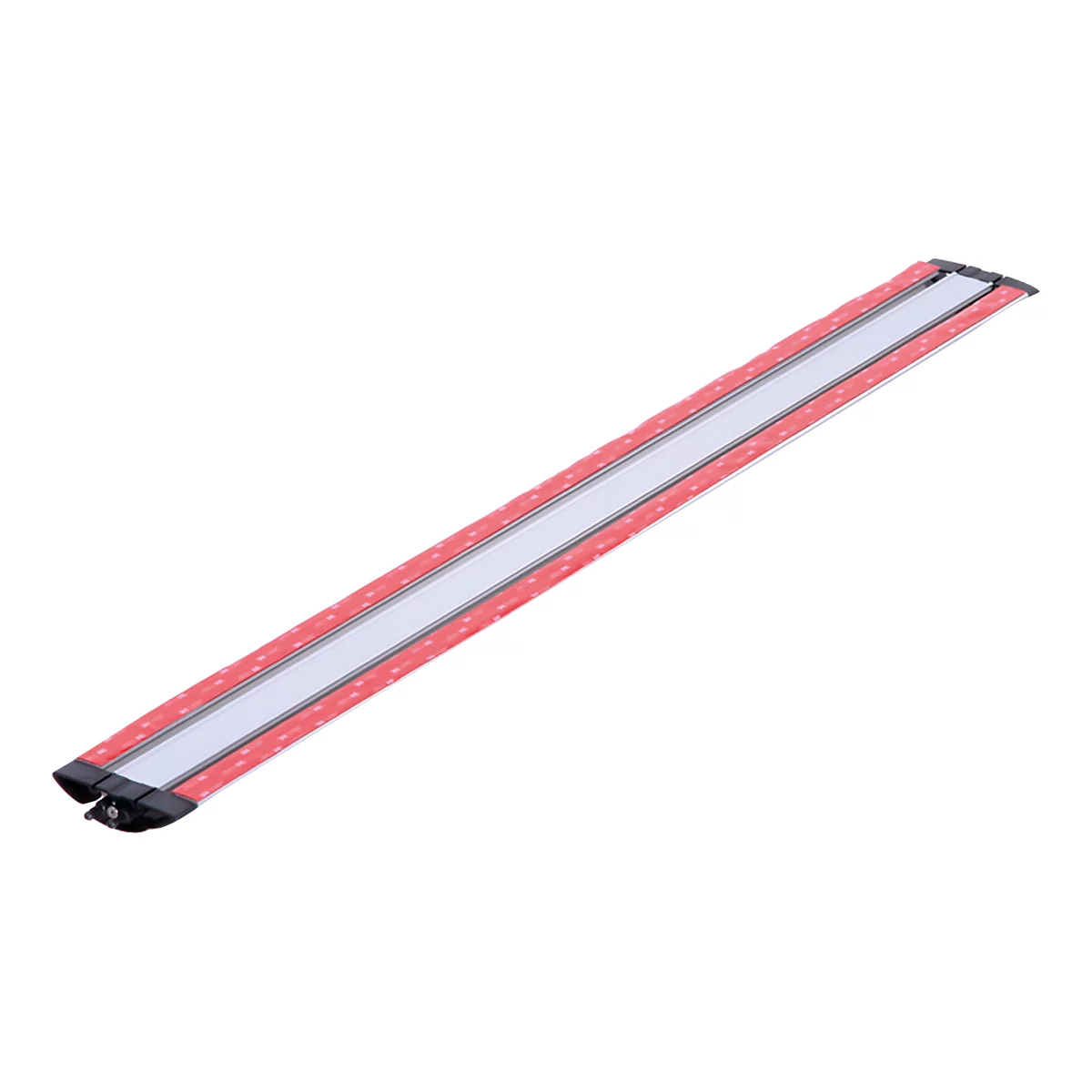 An elongated LED light strip, red border, white stripe in the middle, black ends.
