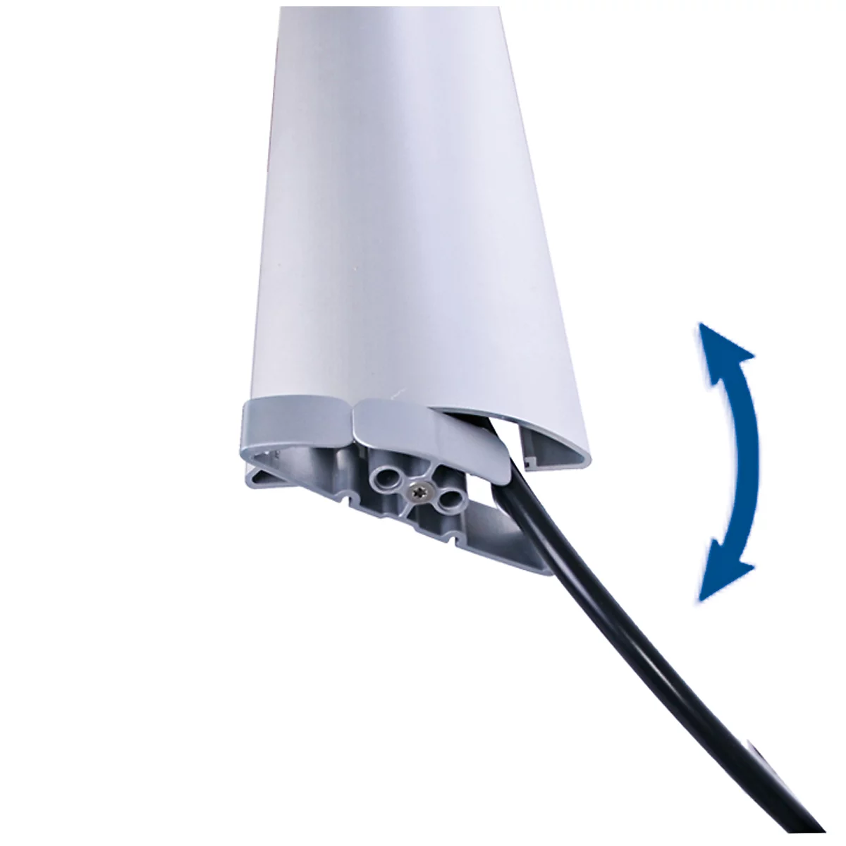 Close-up of the lower half of a white, conical structure, connected to a black cable. A blue arrow indicates movement.