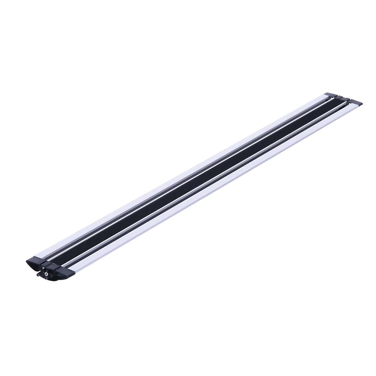 Aluminum roof rack with black rubber, slightly angled on a white background.
