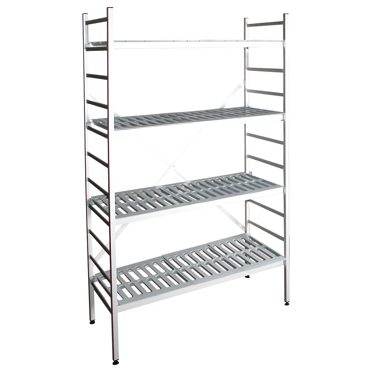 A white shelving system with four shelves. The shelves are made of metal and have slots. It stands against a white background.