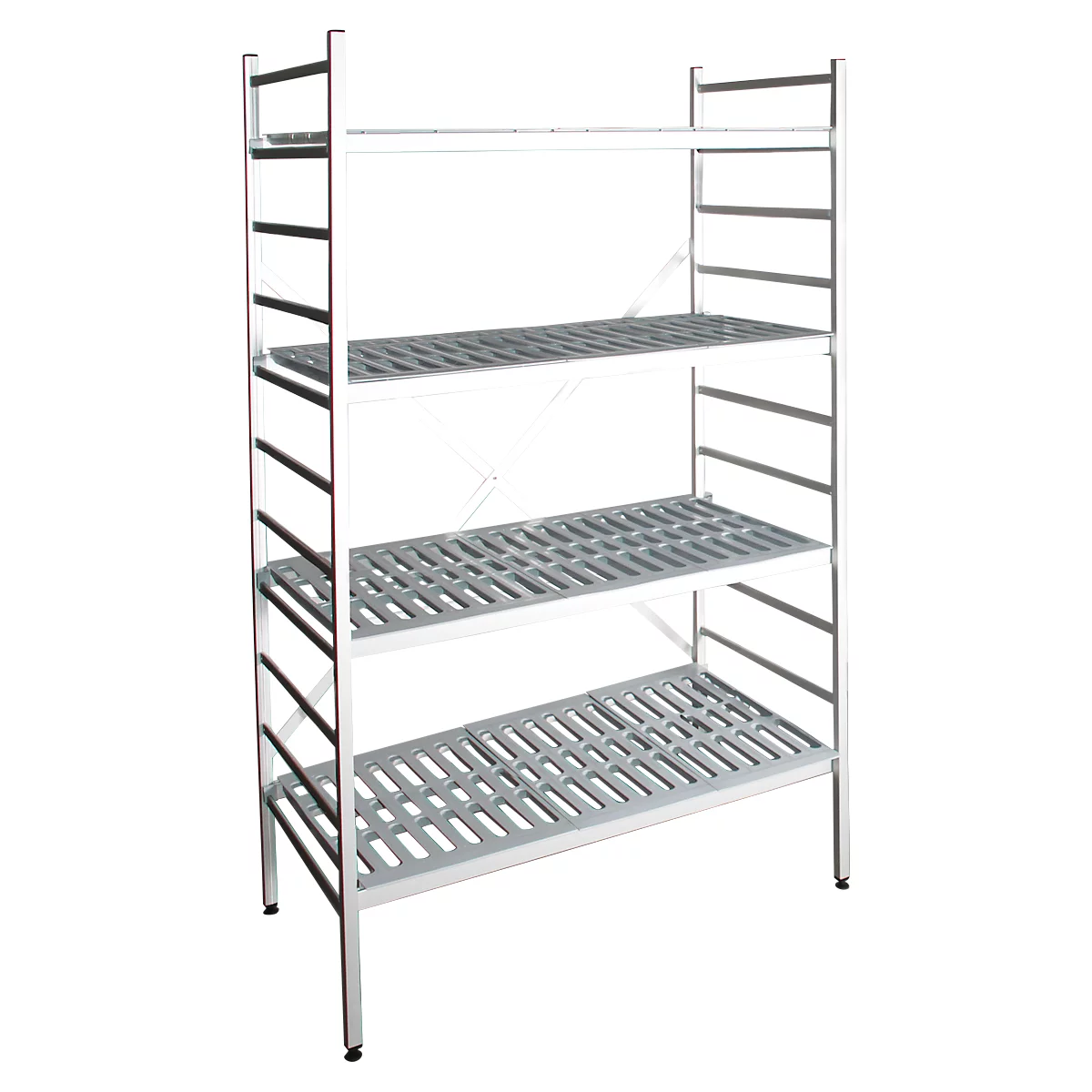 A silver, open shelving unit with four shelves. The shelves are perforated. The shelf stands on four legs.
