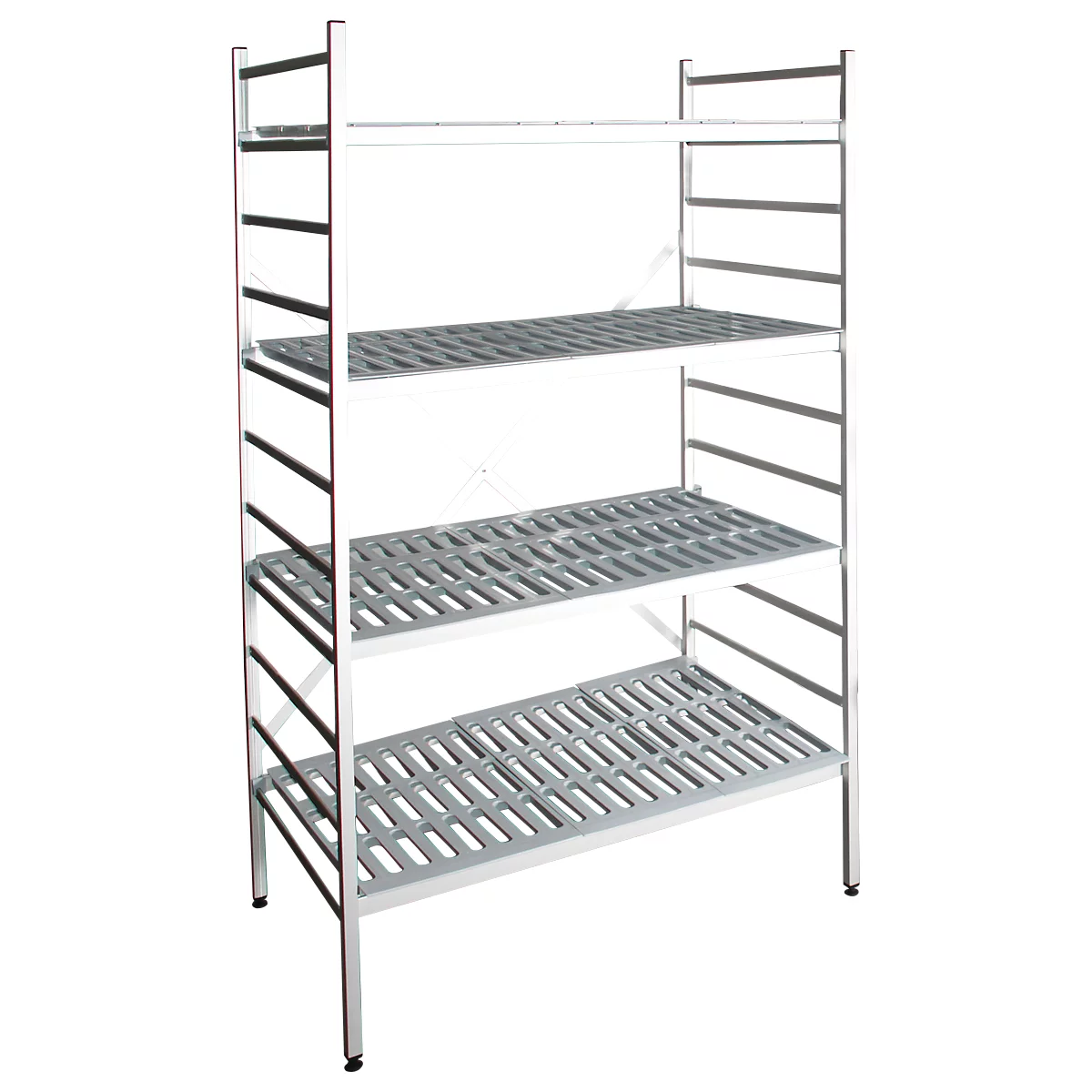 Four-tiered shelf with silver metal frame. Each shelf has a perforated bottom.