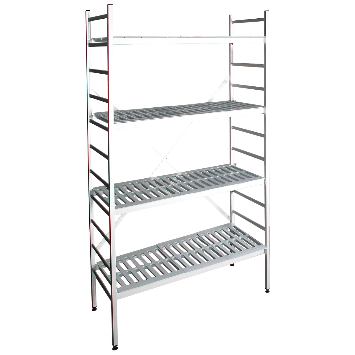 Gray metal shelf with four levels, held by metal struts. Shelves are slotted to allow air circulation.