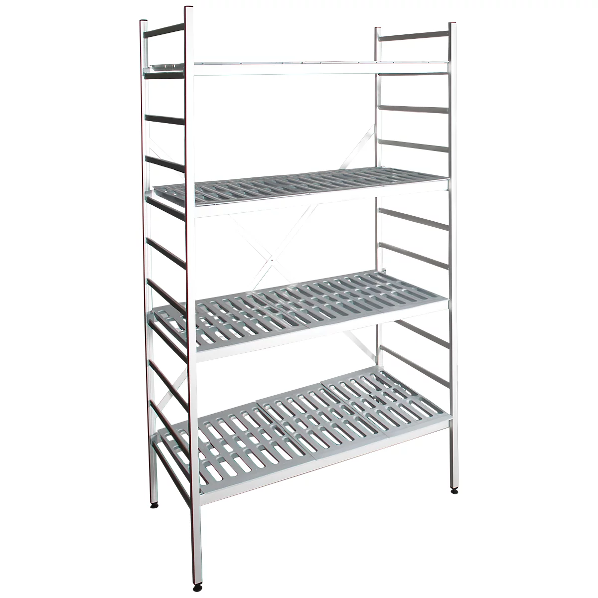 A metal shelf with four shelves connected by vertical bars. The shelves are perforated.