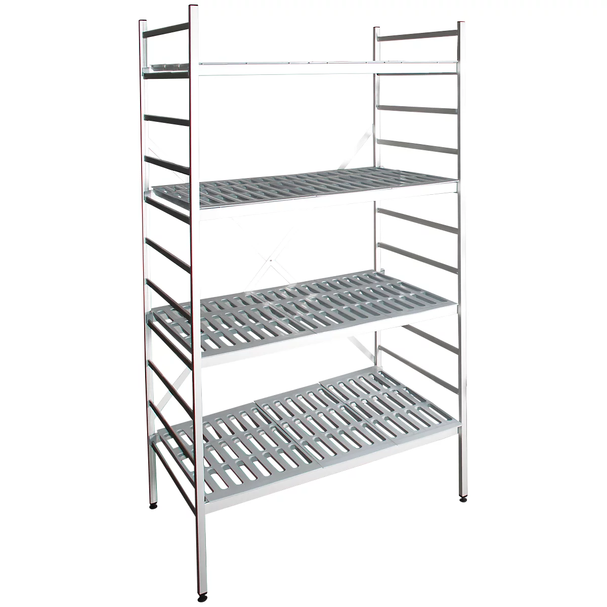 A metal shelf with four wire shelves. The shelf is set against a white background.