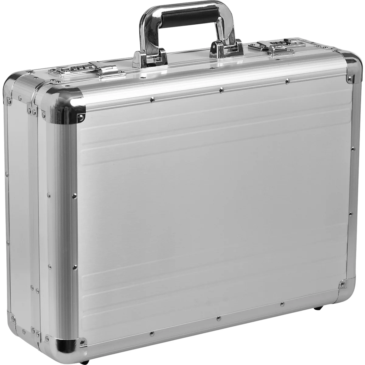Silver briefcase with handle. The case has silver corners, rivets, and a combination lock.