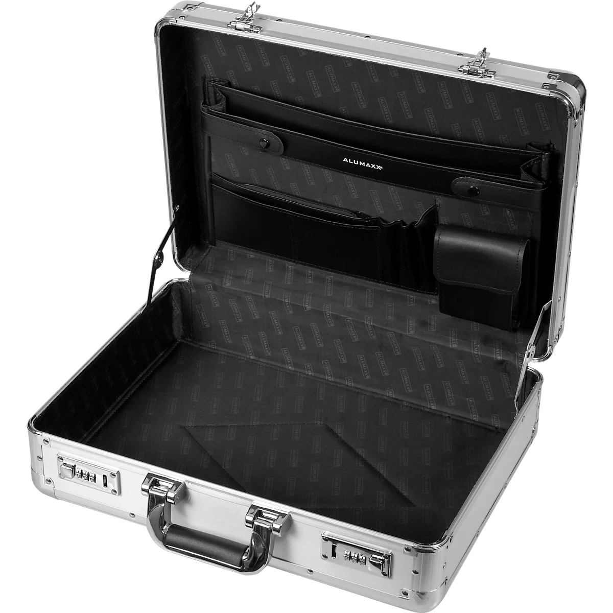 Open silver briefcase with black inside pockets, locks and handle. Inside: black fabric.