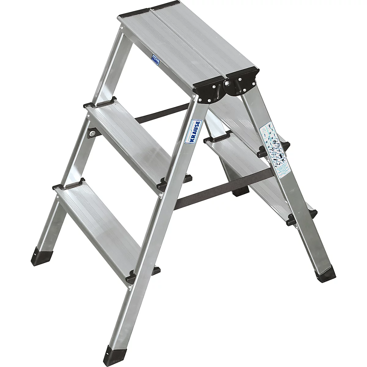 Silver folding stepladder. Three steps and one top platform, with 'KRAUSE' logo.
