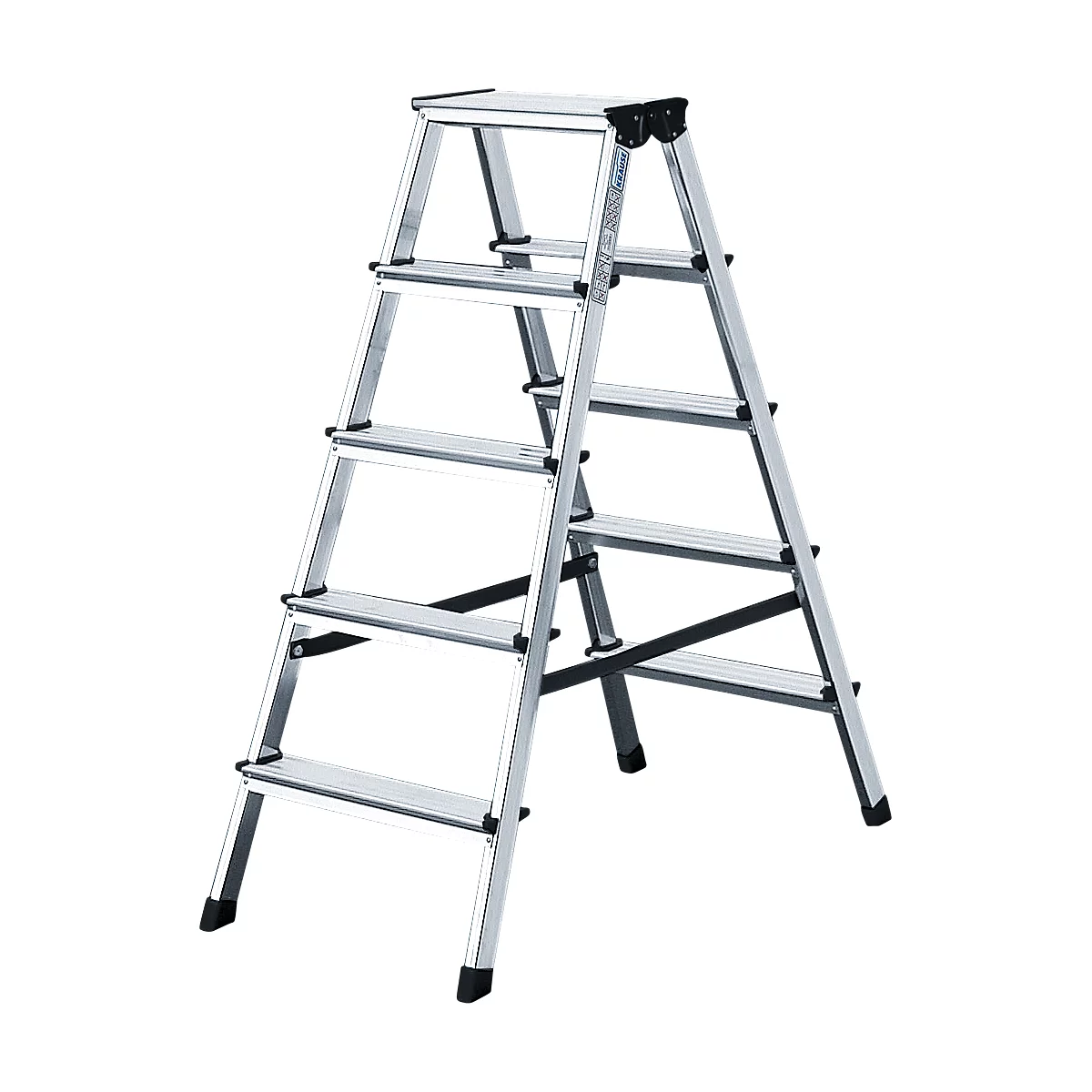A silver step ladder with five steps, ready for use. Black rubber feet ensure a secure stand.