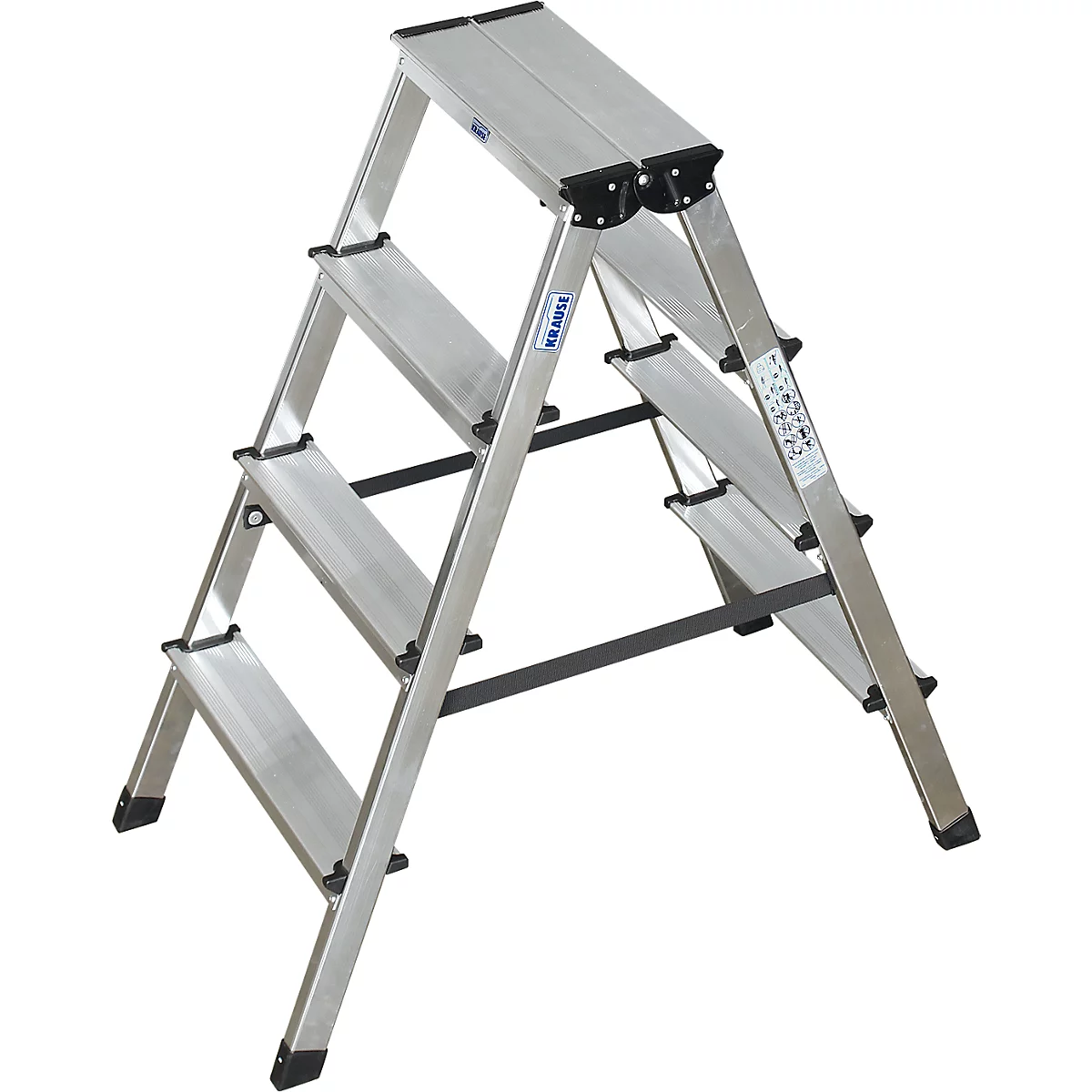 A silver stepladder on a white background. It has four steps and black connections. The inscription "KRAUSE" can be seen on the side.