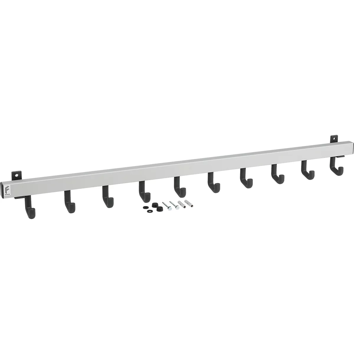 Silberne Garderobenleiste mit neun schwarzen Haken, Befestigungsmaterial.
