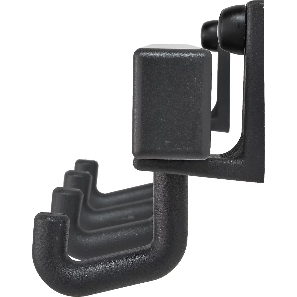 Schwarze Wandgarderobe mit fünf Haken. Die Haken sind in Reihe angeordnet und gebogen.