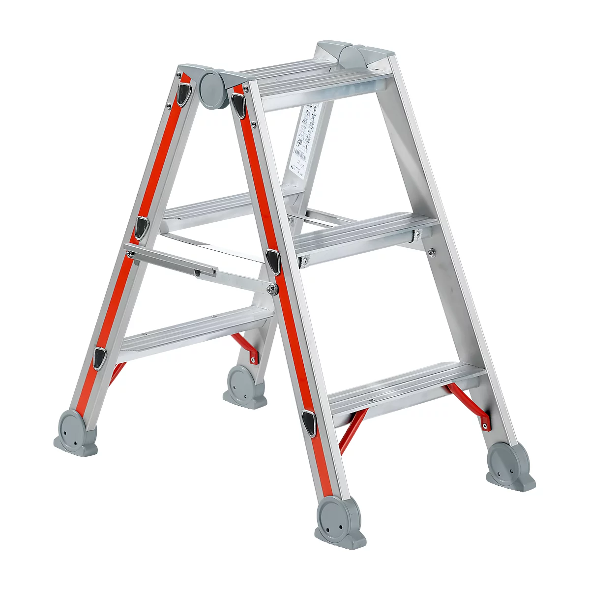 Aluminum ladder with red stripes and gray feet, freestanding.