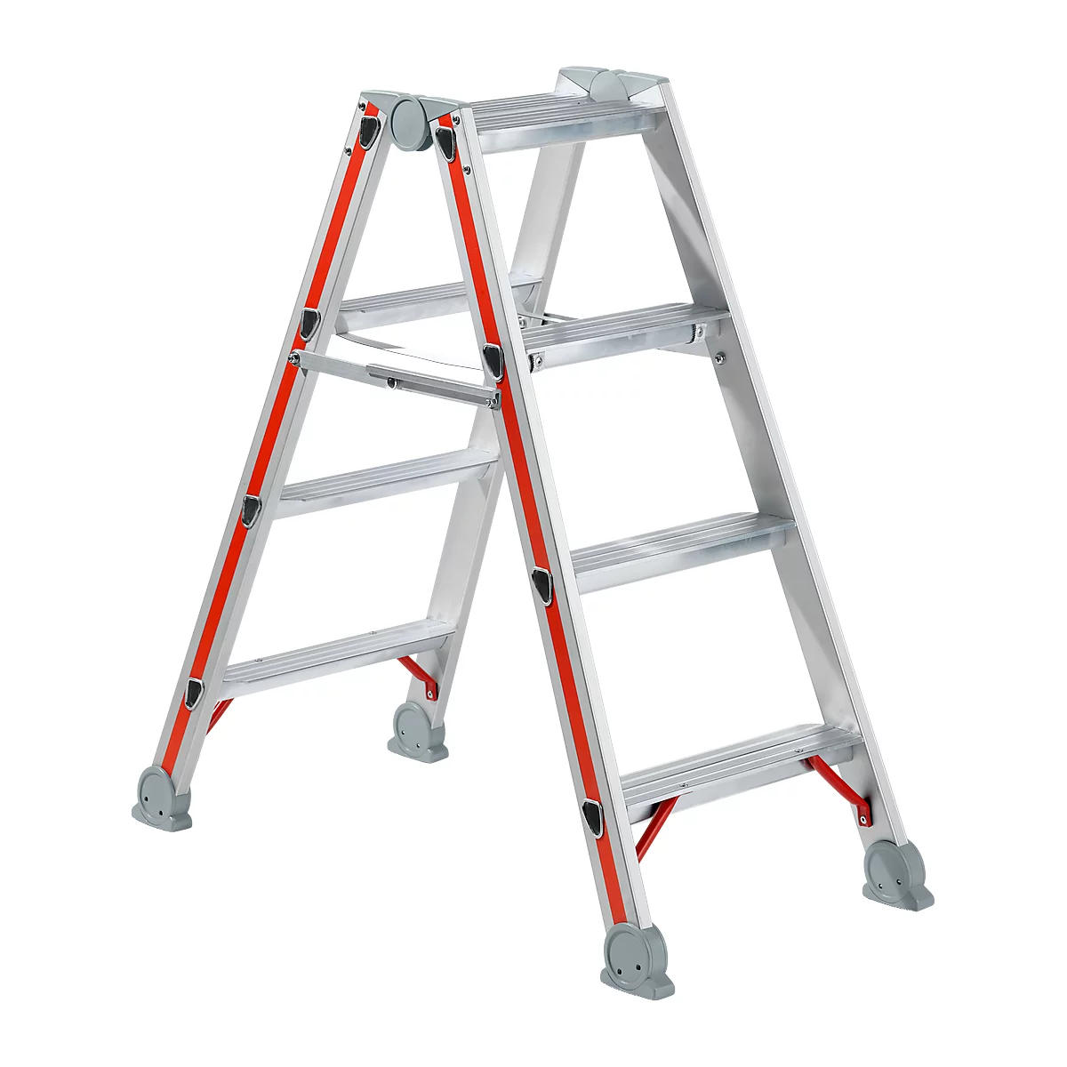 Aluminum ladder. Red and white stripes on the sides. Gray feet and steps.