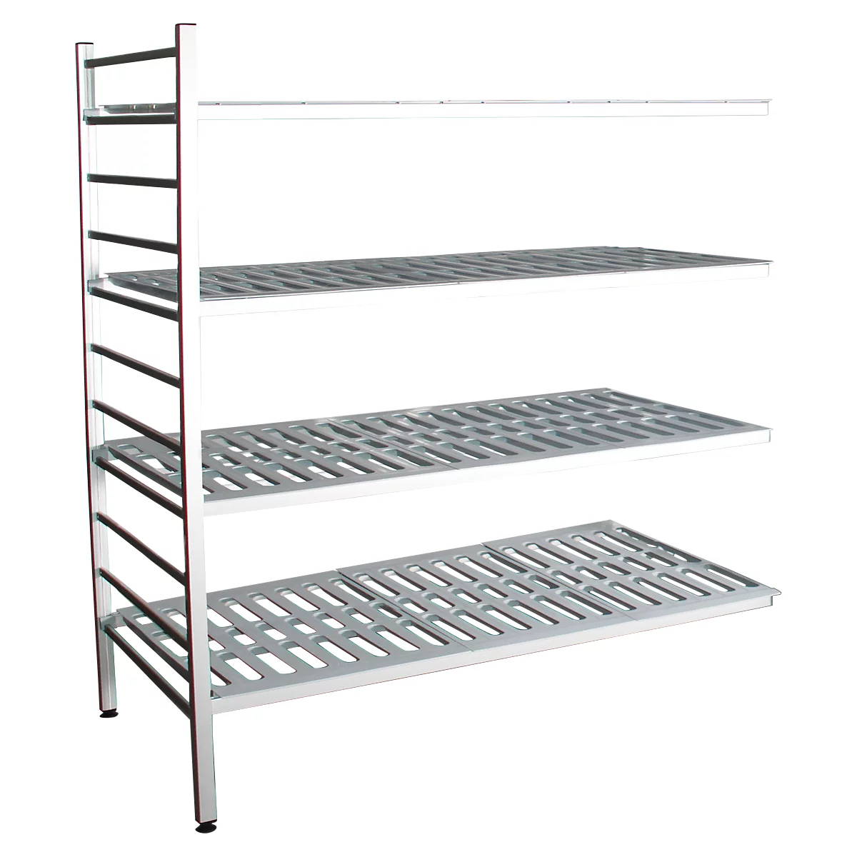 aluminium legbordstelling, aanbouwsectie, met 4 roosterborden van kunststof, H 1800 x B 1200 x D 500 mm