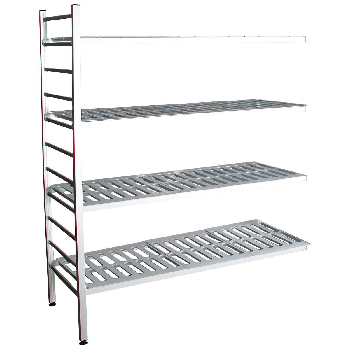 aluminium legbordstelling, aanbouwsectie, met 4 roosterborden van kunststof, H 1950 x B 1500 x D 400 mm