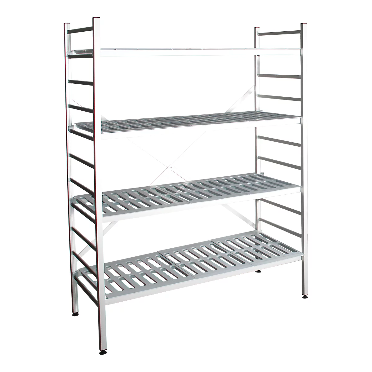 aluminium legbordstelling, basissectie, met 4 roosterborden van kunststof, H 1800 x B 1000 x D 400 mm