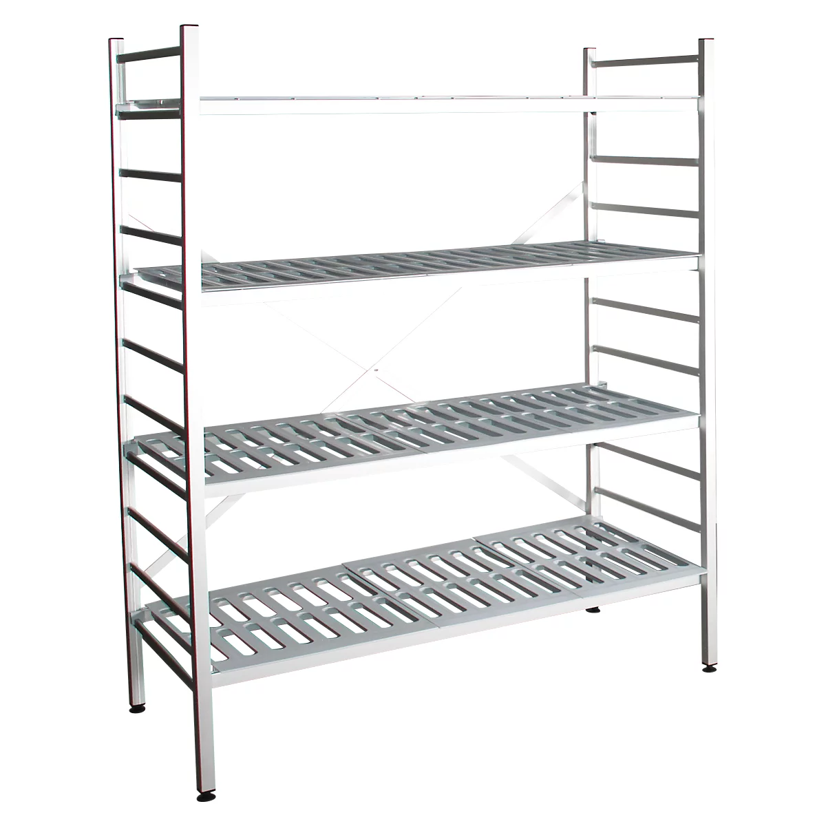 aluminium legbordstelling, basissectie, met 4 roosterborden van kunststof, H 1950 x B 1200 x D 400 mm