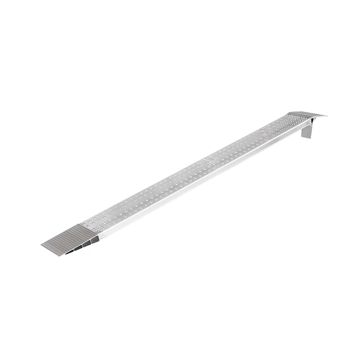 Silver loading ramp on a white background, corrugated surface, rectangular shape.