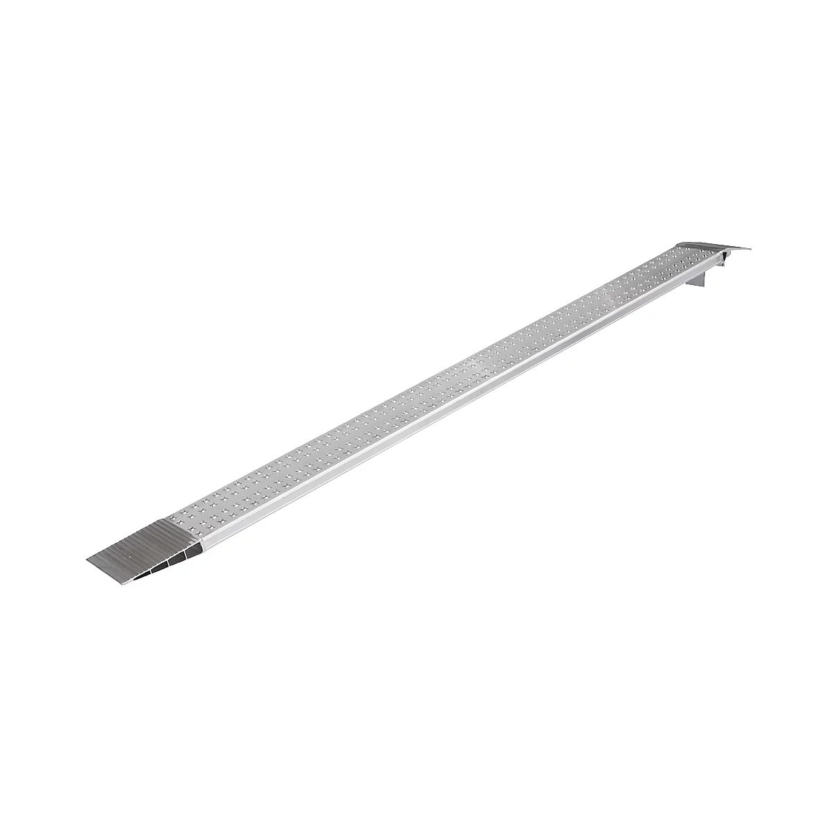 A silver metal ramp isolated on a white background. It has a grooved surface.