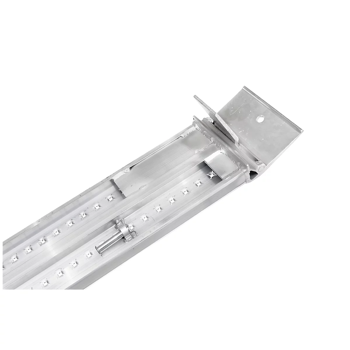 Metal piece with rivets and screws on white background. Angular construction, close-up.