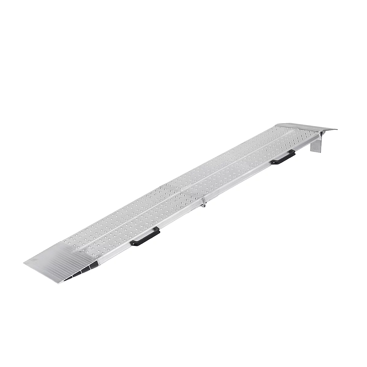 Silver wheelchair ramp with two black handles. It stands at an angle against a white background.