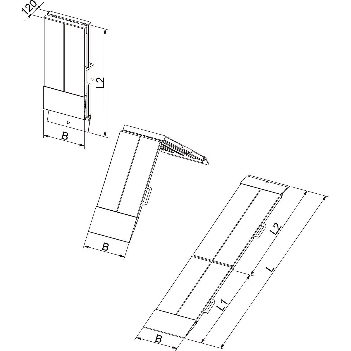 3D rendering of a ramp shown at different angles. With dimensions for width, length and height.