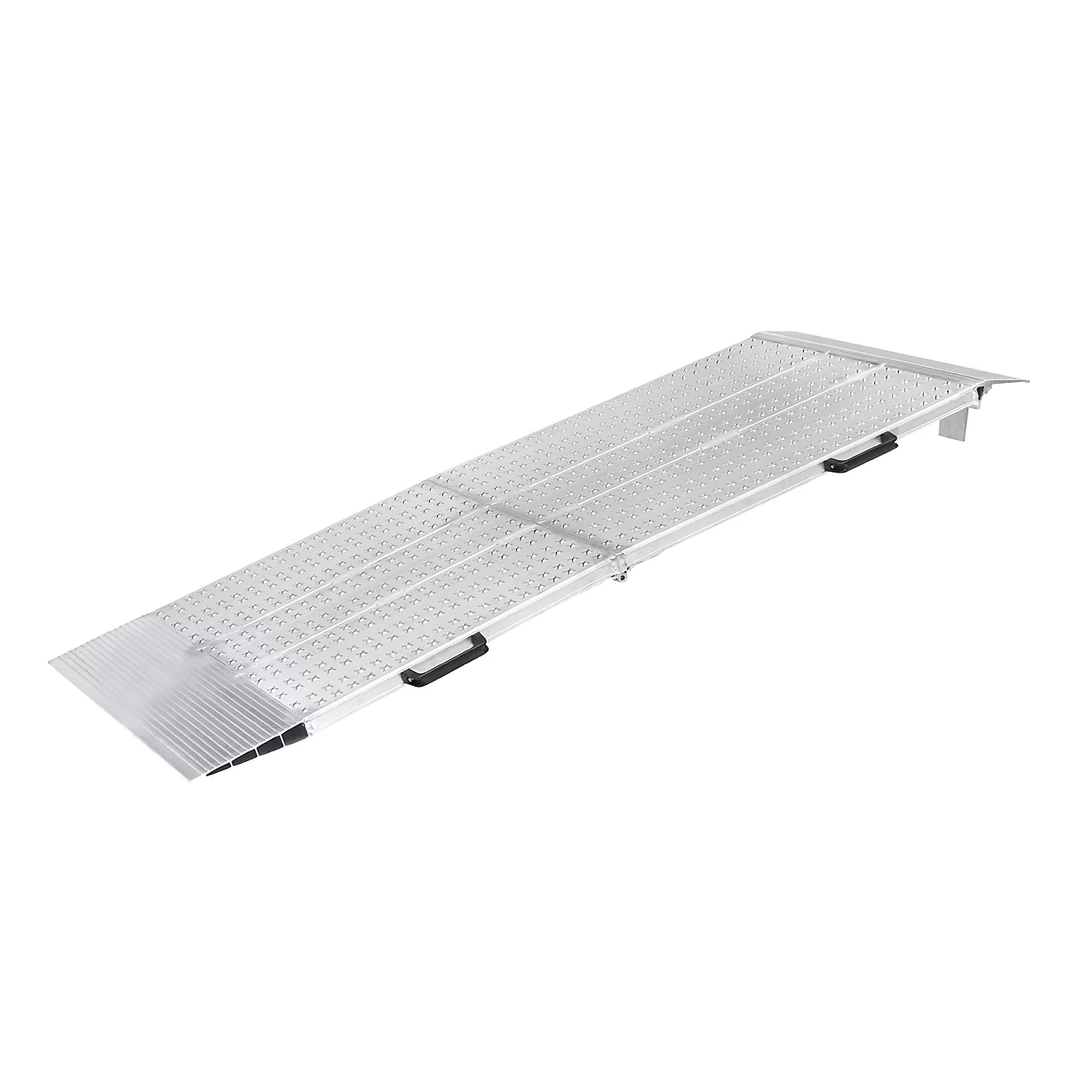 Silver wheelchair ramp, diagonally from top left to bottom right. With handles and non-slip surface.