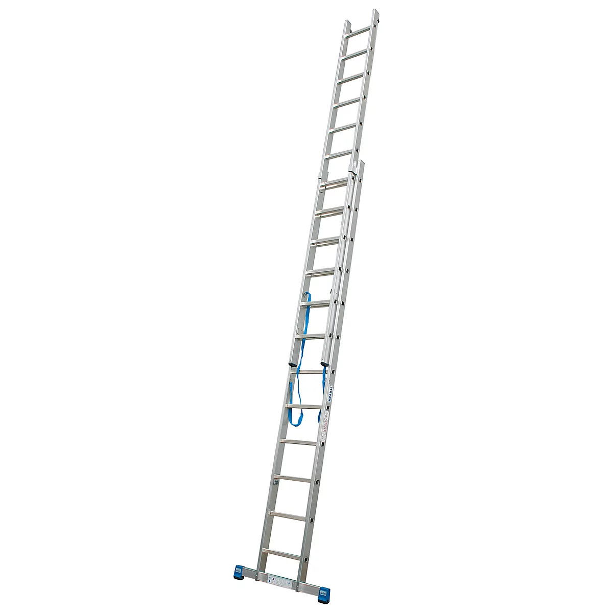 Extendable aluminum ladder on white background. Blue straps secure the ladder.