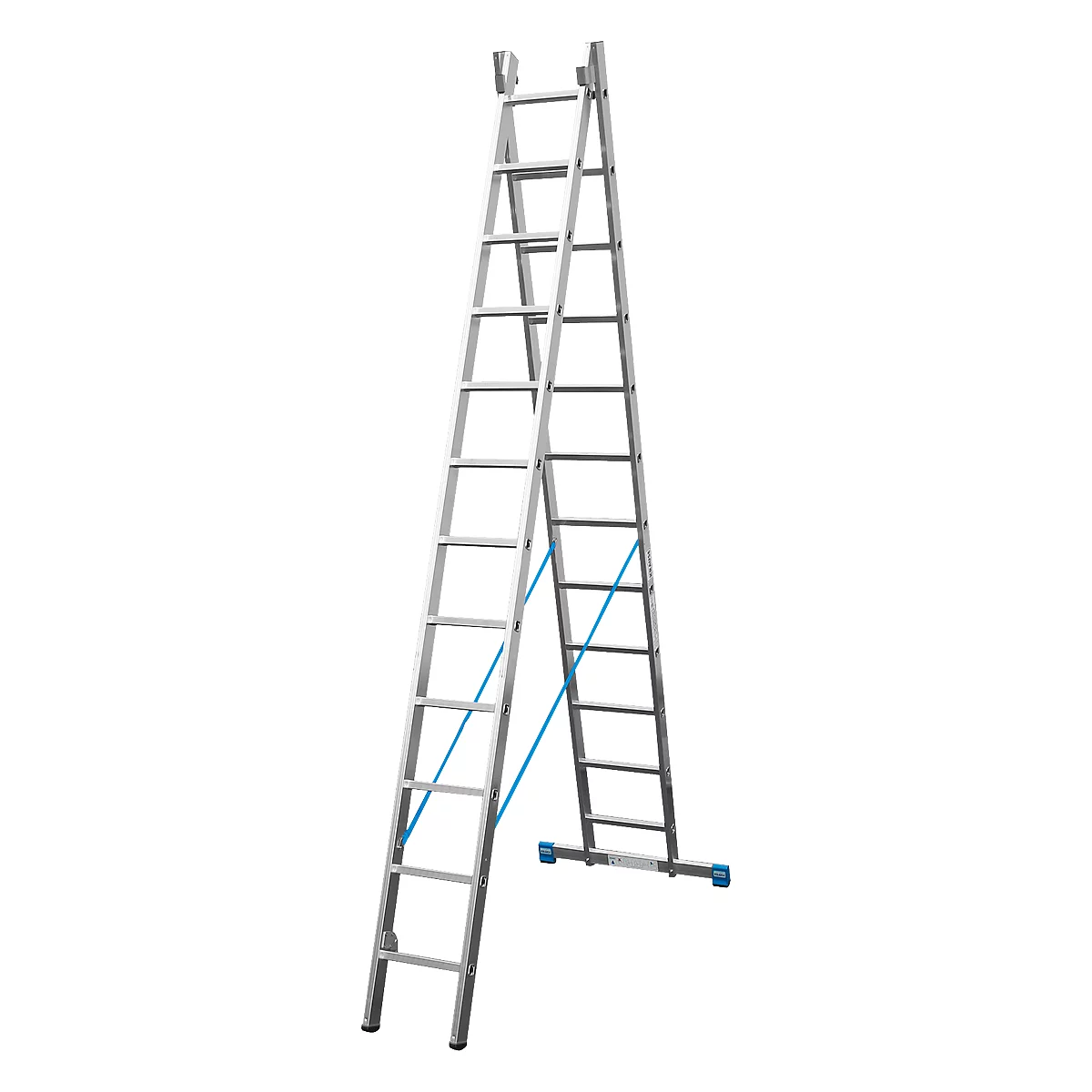 A silver, free-standing ladder that splits into two sections. Blue struts stabilize the construction.