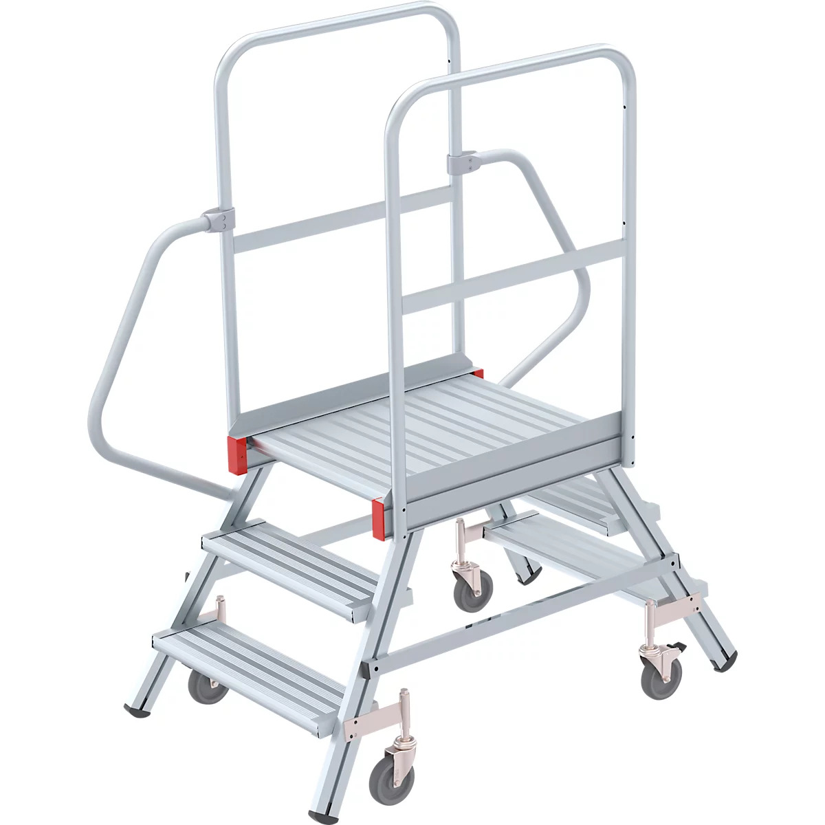 Steel ladder with three steps, platform and railing, on wheels, against a white background.