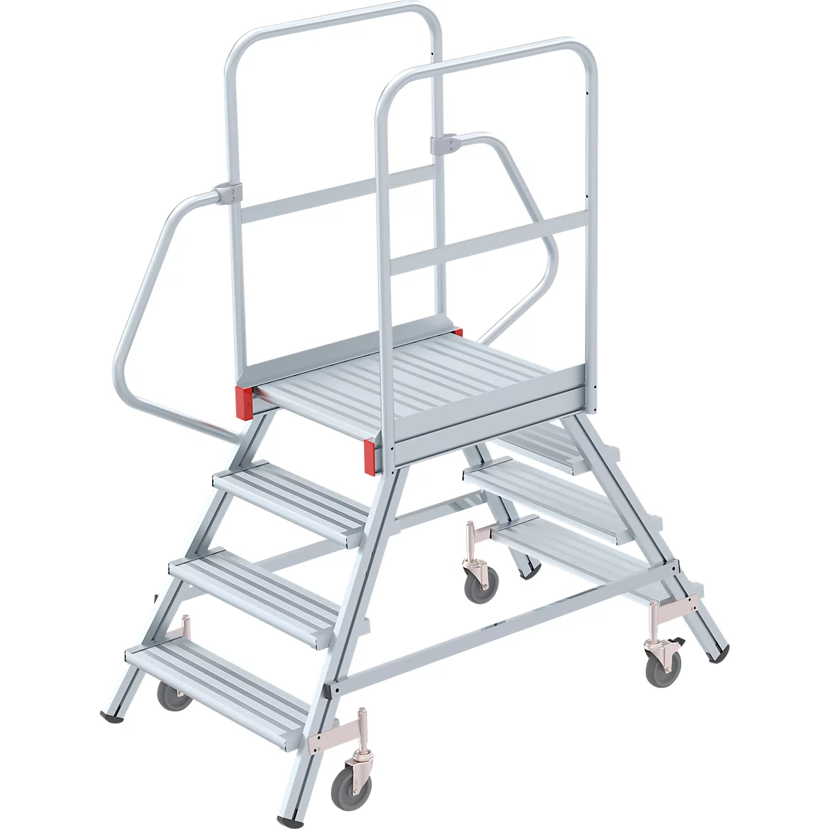Scaffolding with four steps, a work platform, and a handrail. The silver scaffolding has red elements and stands on wheels.