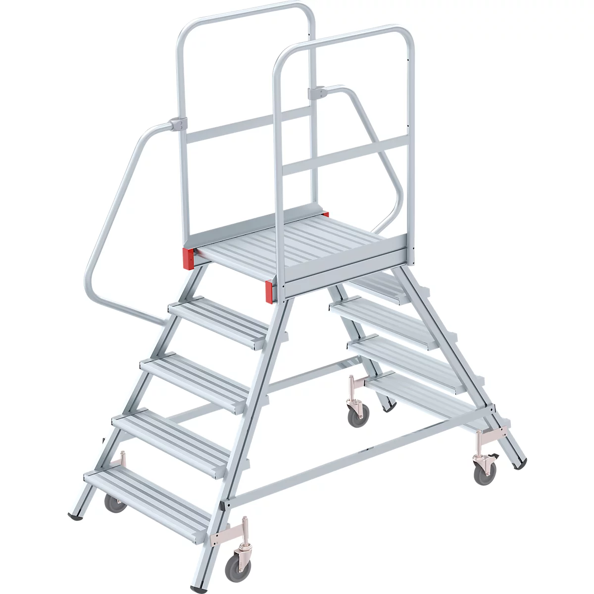 A silver-colored stepladder with four steps and a platform, with railings and wheels.