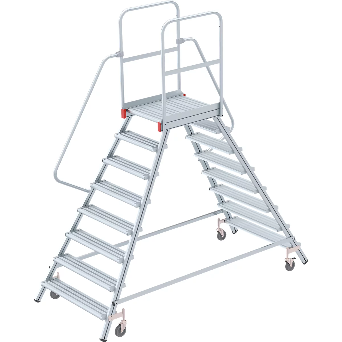 A silver rolling platform ladder with a platform at the top, railings and wheels.