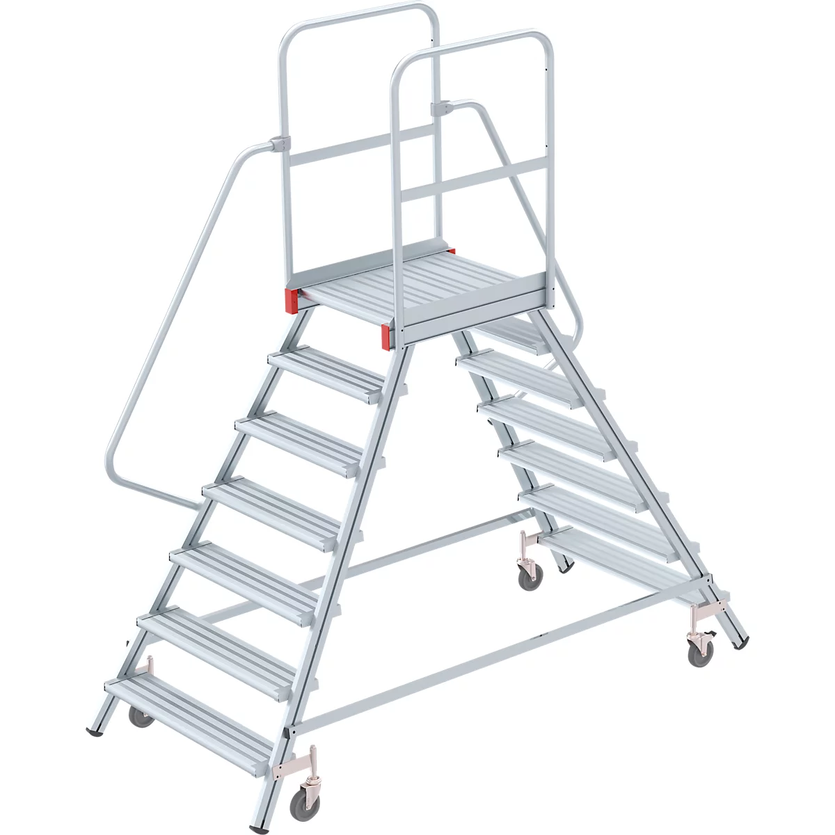 Grey work platform with stairs, platform, and railing. Castors are attached to the feet.