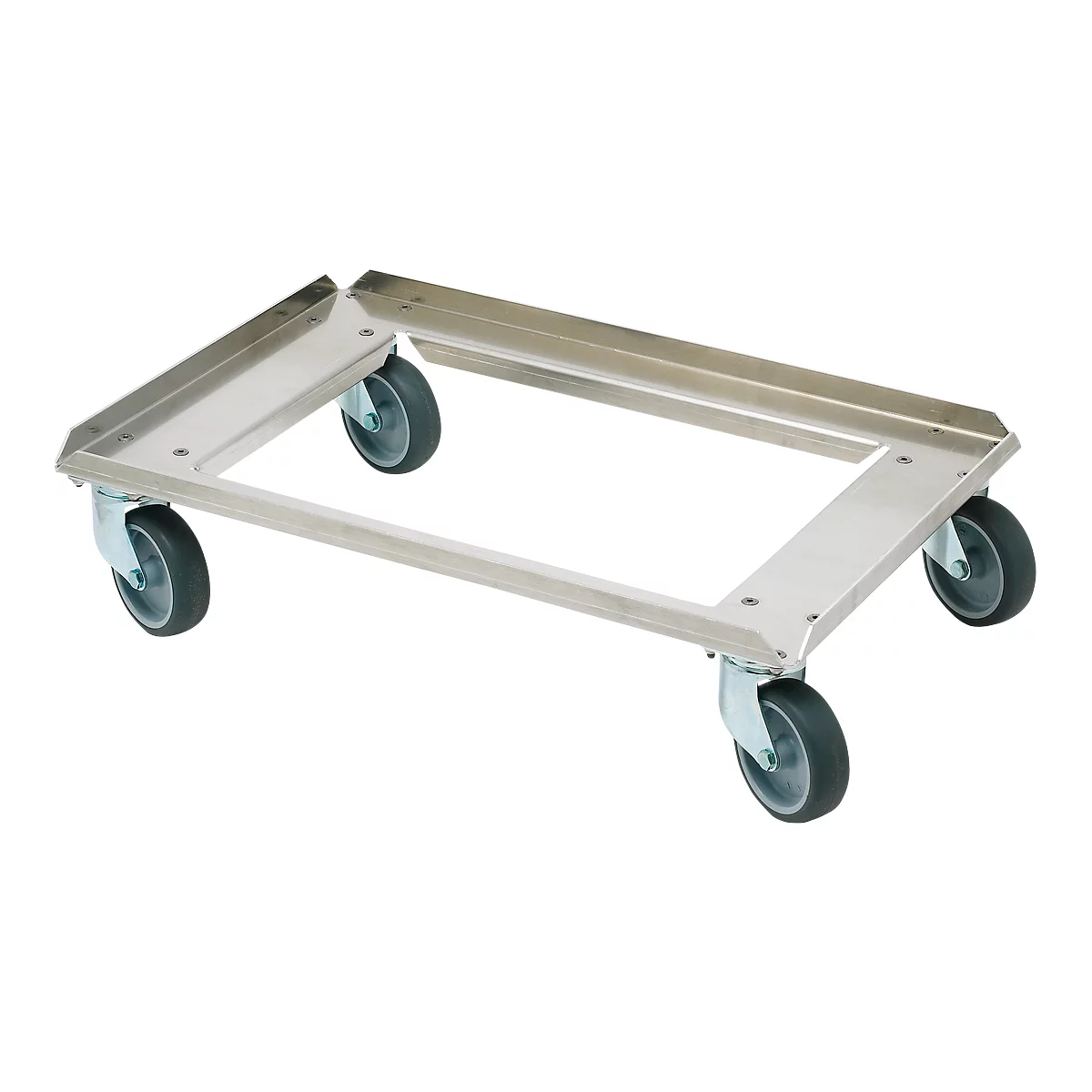 Metal dolly with four wheels, for transporting heavy objects.